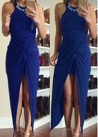 Rosewe Royal Blue Round Neck Twist Decorated Maxi Dress