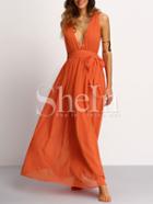 Shein Orange Deep V Neck Self-tie Waist Maxi Dress