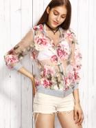 Shein Floral Print Hooded Perspective Zipper Jacket