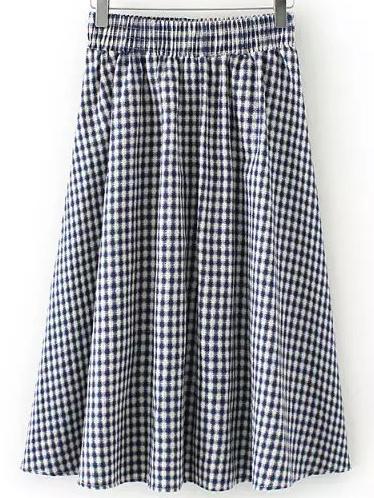 Shein Blue White Elastic Waist Plaid Skirt