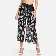 Shein Feather Print Sheer Belted Wide Leg Pants