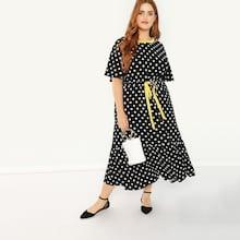Shein Plus Flutter Sleeve Drawstring Waist Polka Dot Dress
