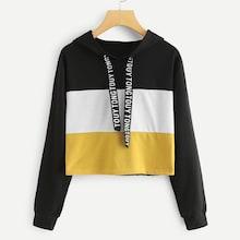 Shein Letter Print Tape Drawstring Hooded Colorblock Sweatshirt