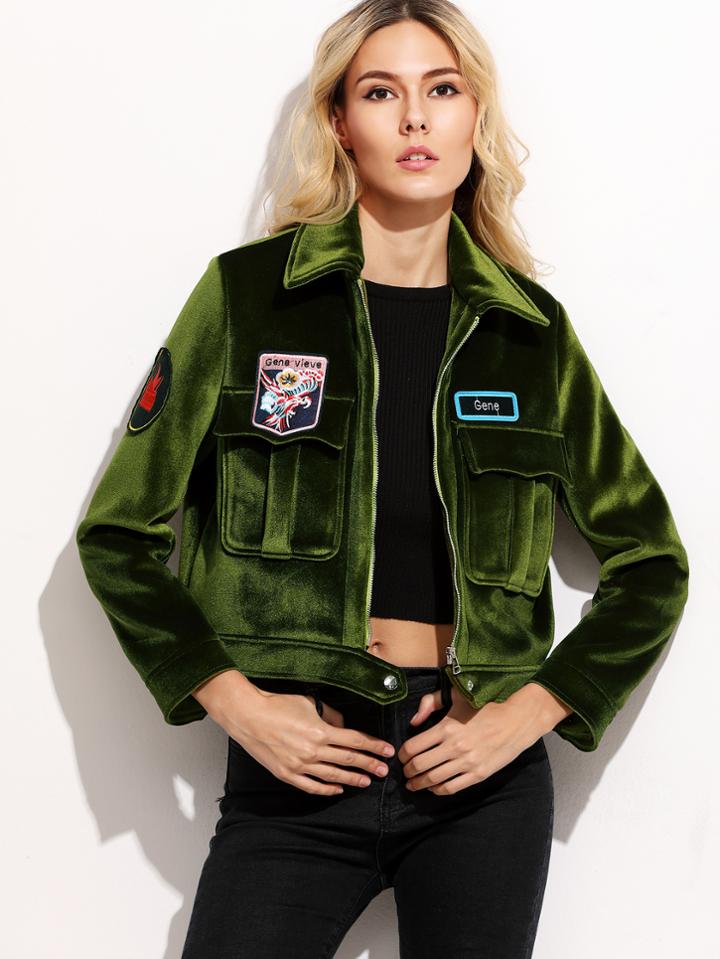 Shein Olive Green Embroidered Patches Suede Jacket