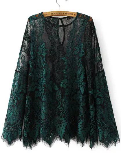 Shein Dark Green Asymmetrical Lace Mesh Blouse