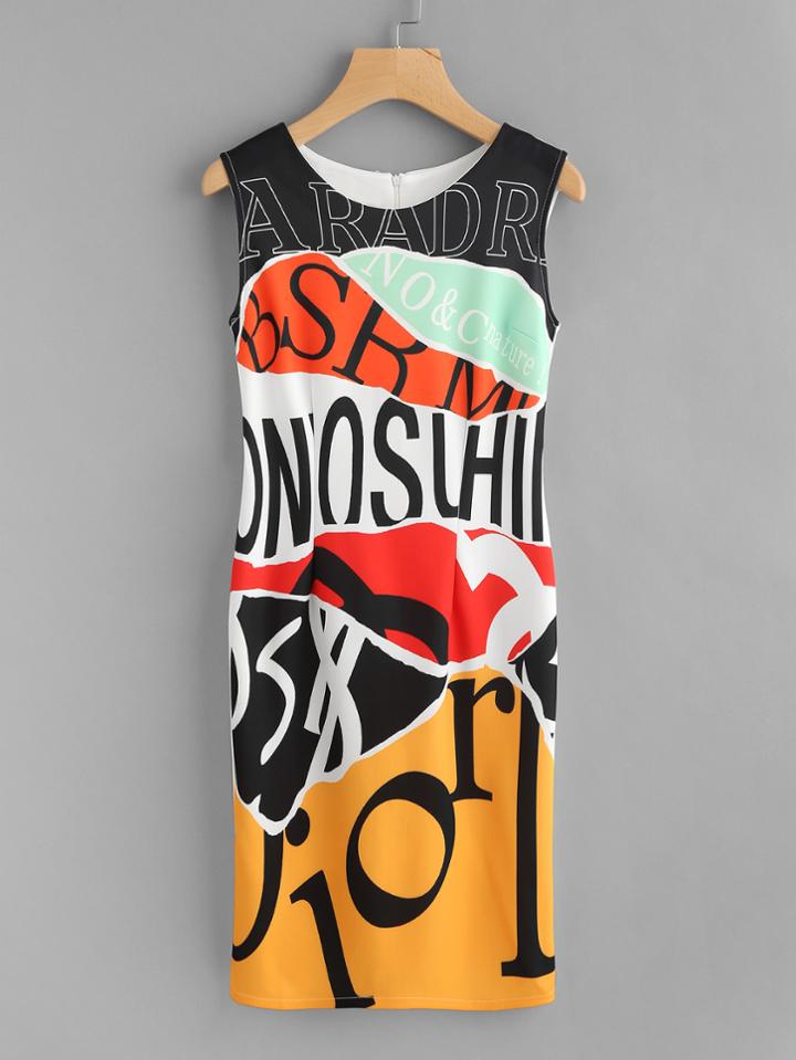 Shein Random Letter Print Patchwork Sheath Dress