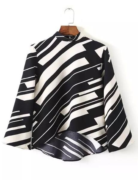 Shein Black White Stand Collar Striped Crop Blouse