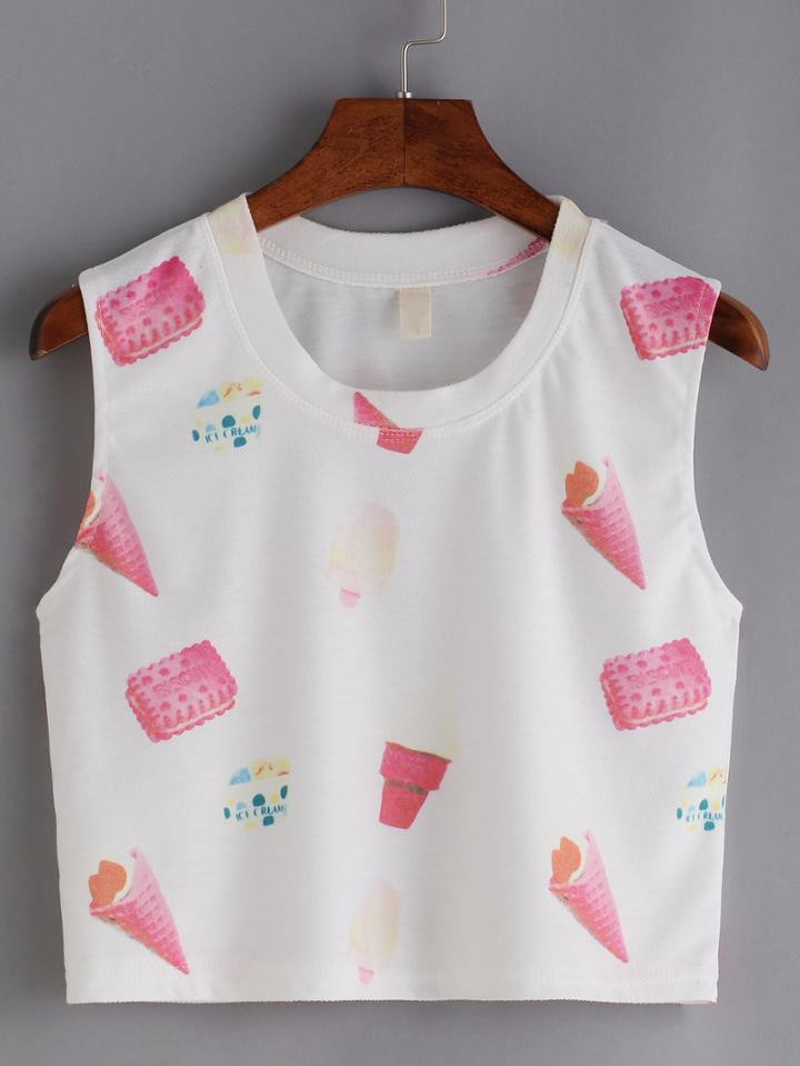 Shein Biscuit & Ice Cream Print Crop Tank Top - White