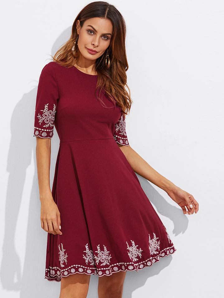 Shein Embroidered Detail Scallop Hem Fitted & Flared Dress