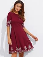 Shein Embroidered Detail Scallop Hem Fitted & Flared Dress