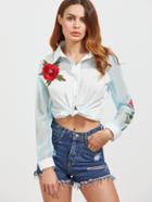 Shein White Embroidered Rose Applique Contrast Organza Sleeve Blouse
