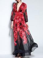Shein Red V Neck Floral Sheer Maxi Dress