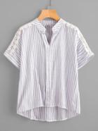 Shein Contrast Striped Crochet Lace Insert Dip Hem Blouse
