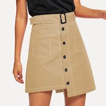 Shein Single Breasted Dip Hem Belted Skirt