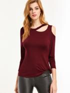 Shein Burgundy Cut Out Neck Asymmetric Open Shoulder T-shirt