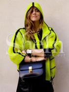 Shein Neon Yellow Hooded Eyelet Color Blcok Trims Coat