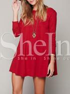 Shein Red Long Sleeve Round Neck Casual Dress