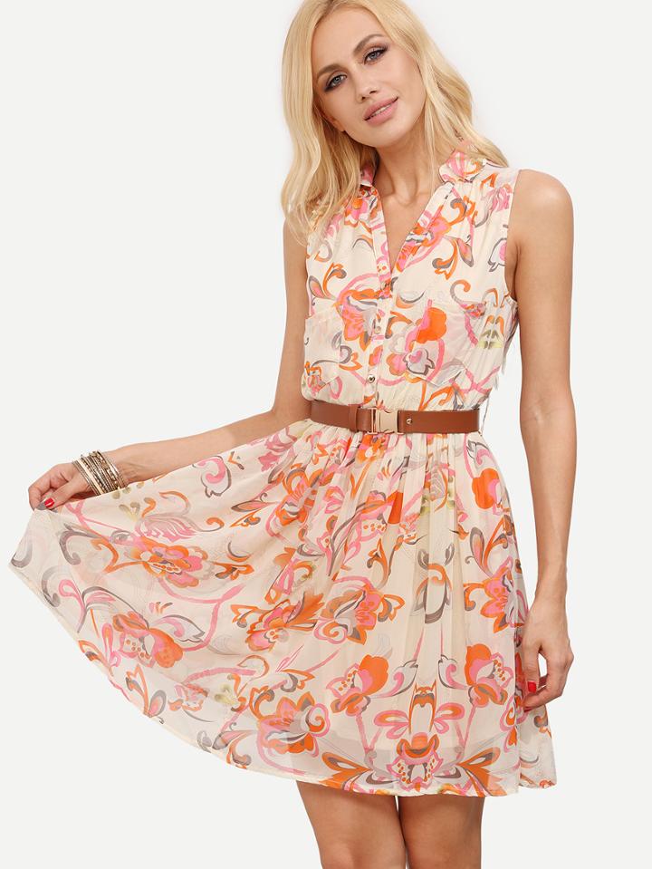 Shein Multicolour Foam Sleeveless Floral Belt Chiffon Dress