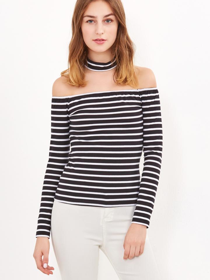 Shein Black And White Striped Off The Shoulder T-shirt With Choker