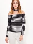 Shein Black And White Striped Off The Shoulder T-shirt With Choker