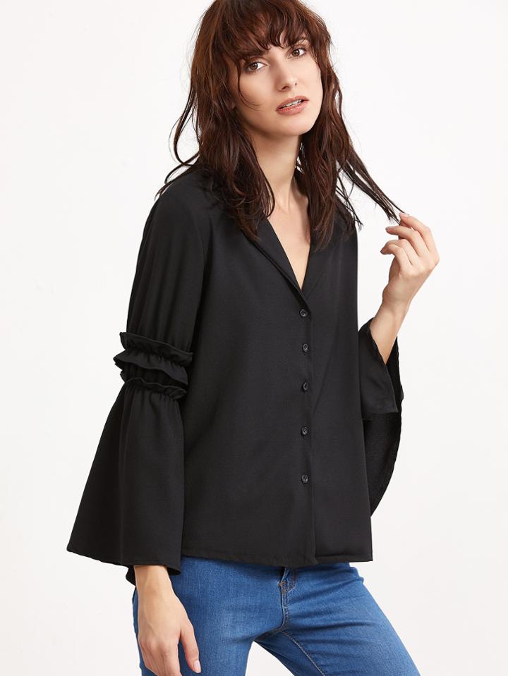 Shein Black Bell Sleeve Ruffle Trim Shirt