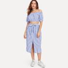 Shein Off Shoulder Striped Top With Self Tie Skirt