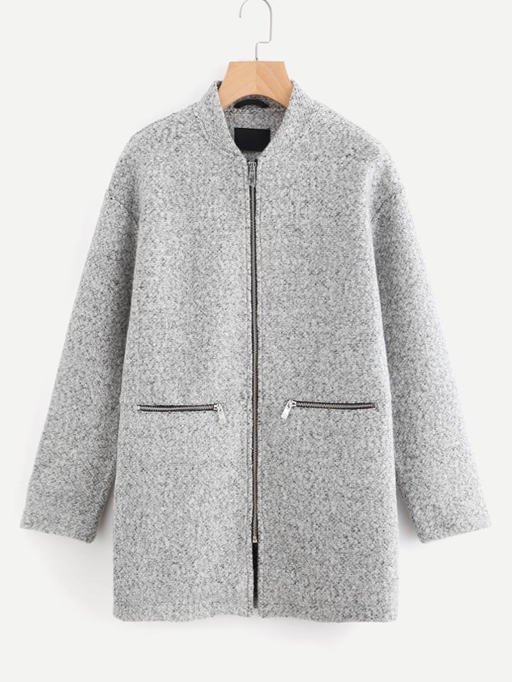 Shein Drop Shoulder Zipper Tweed Coat