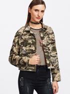 Shein Rivet Detail Distressed Camouflage Jacket
