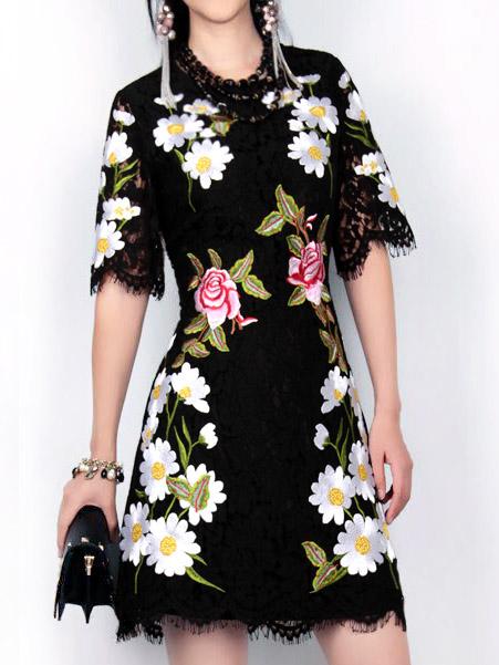 Shein Black Round Neck Half Sleeve Embroidered Lace Dress