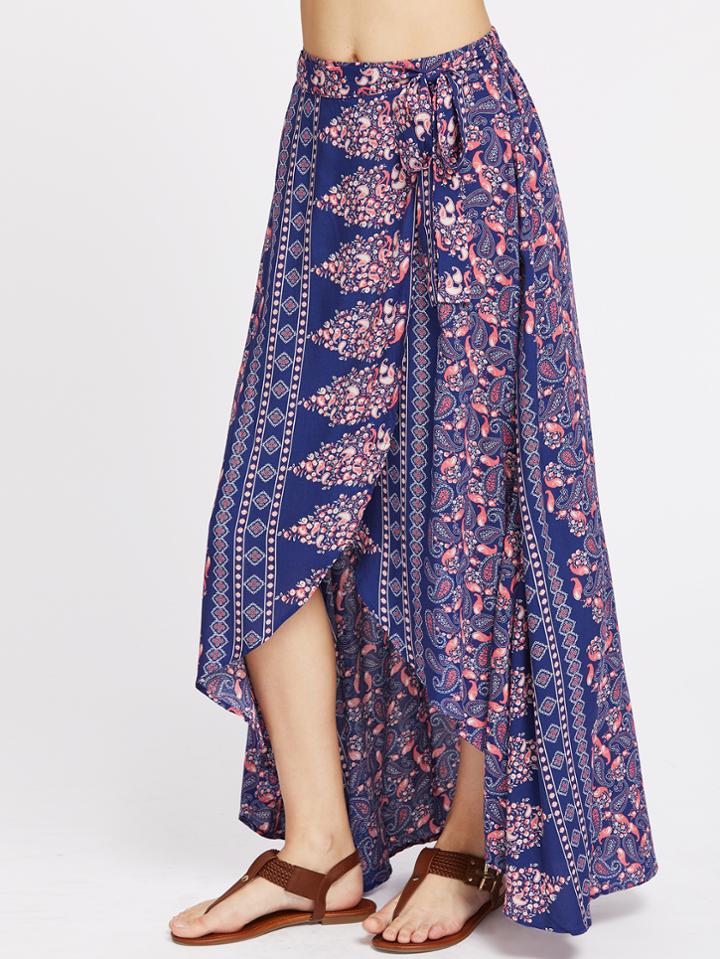 Shein Paisley Print High Low Wrap Skirt