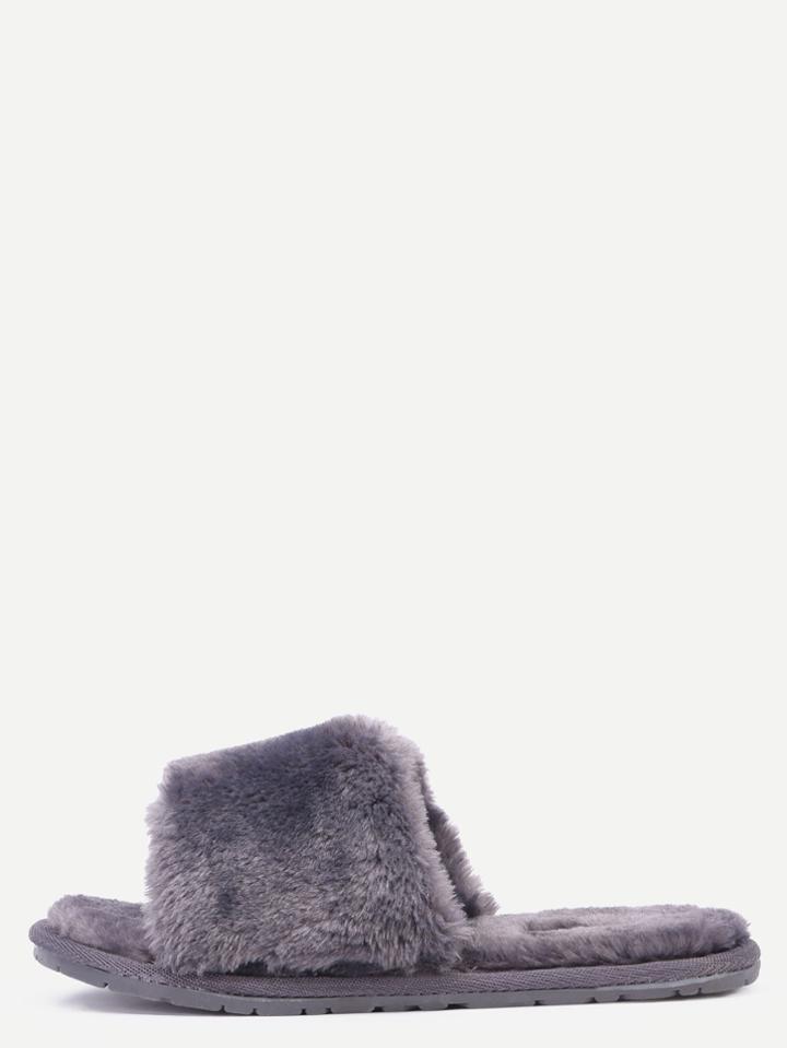 Shein Grey Faux Fur Flat Slippers