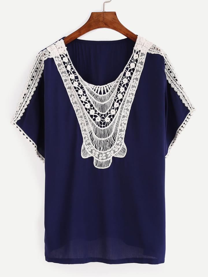 Shein Navy Contrast Crochet Hollow Out Shirt