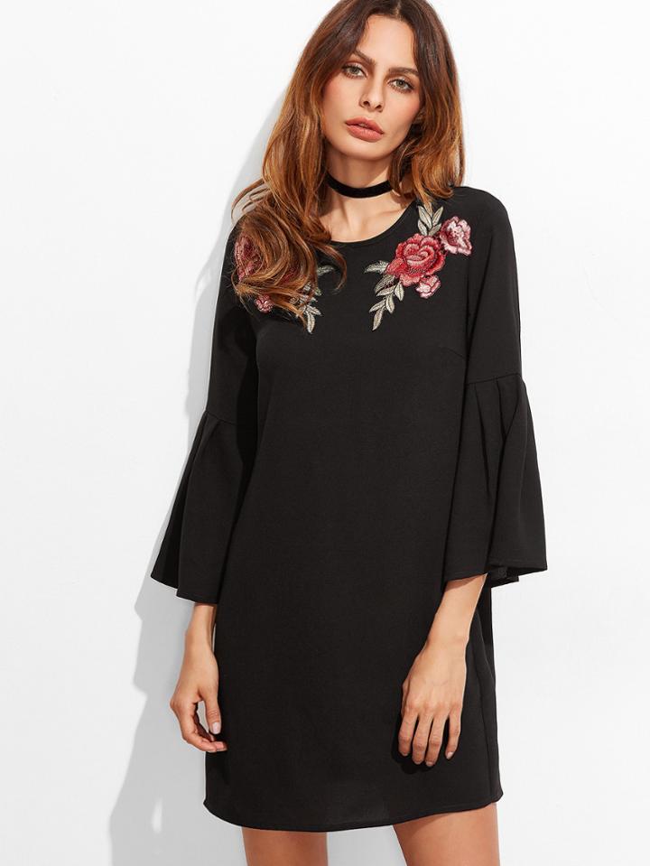 Shein Black Embroidered Rose Applique Bell Sleeve Tunic Dress