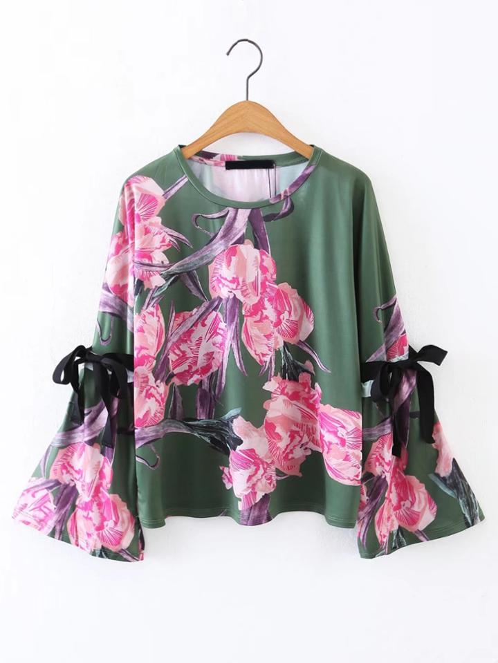 Shein Bell Sleeve Tie Detail Floral Top