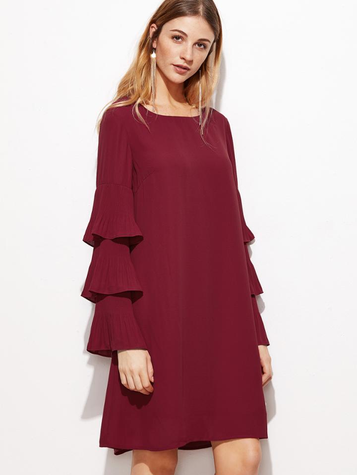 Shein Burgundy Layered Ruffle Sleeve Tunic Dress