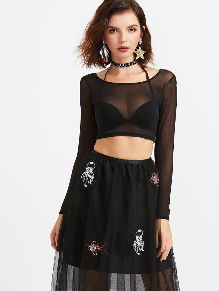Shein Black Sheer Mesh Crop T-shirt