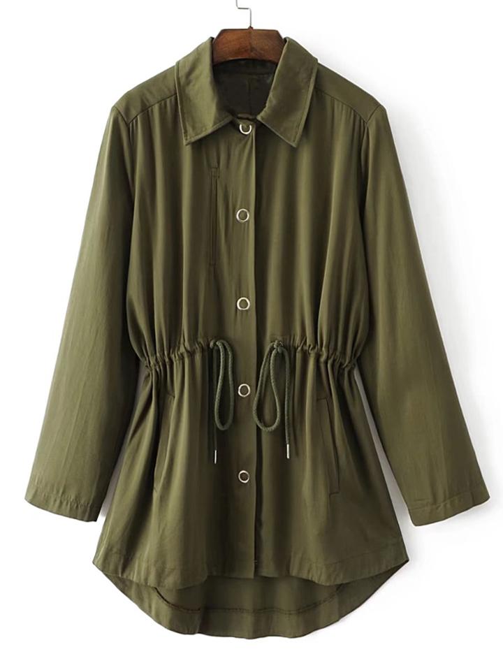 Shein Embroidery Back Drawstring Waist High Low Coat