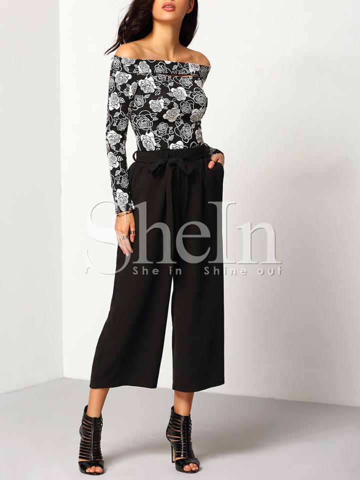 Shein Black Elastic Waist Wide Leg Belt Pant