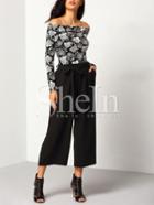 Shein Black Elastic Waist Wide Leg Belt Pant