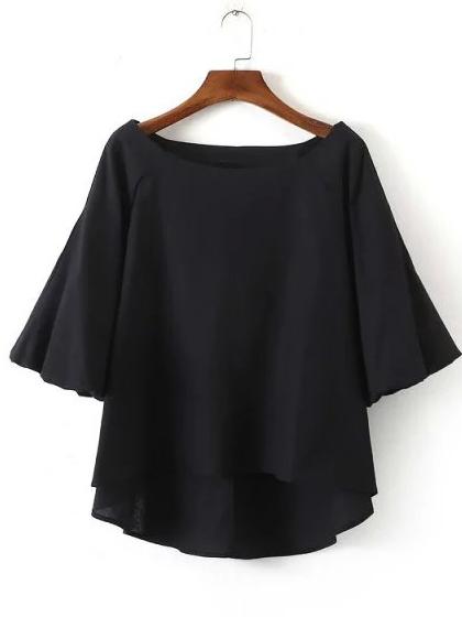 Shein Black Boat Neck Dip Hem Blouse