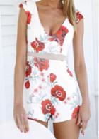 Rosewe V Neck Gauze Patchwork Flower Print Romper