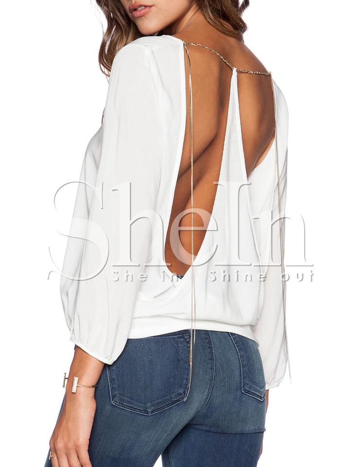 Shein White Long Sleeve Backless T-shirt