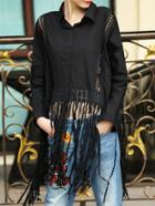 Shein Black Lapel Fringe Mesh Blouse