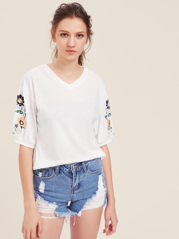 Shein Embroidered Lantern Sleeve Top
