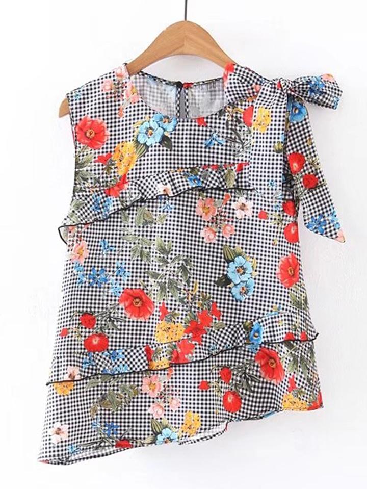 Shein Frill Trim Grid Asymmetrical Top With Bow Tie