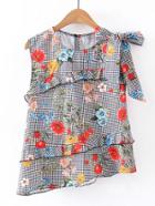 Shein Frill Trim Grid Asymmetrical Top With Bow Tie