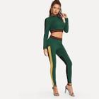 Shein Contrast Tape Mesh Insert Top And Leggings Set