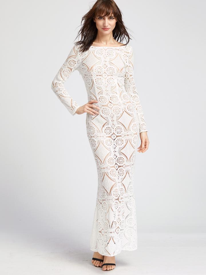 Shein Scoop Back Hollow Out Embroidered Lace Dress