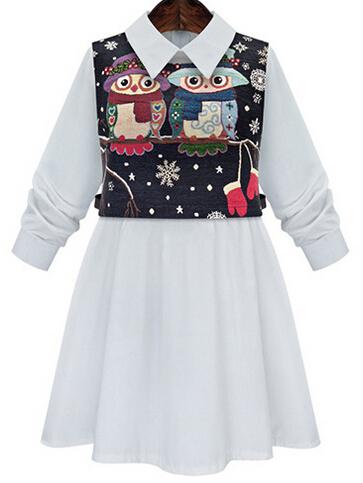 Shein White Lapel Slim Shirt Dress With Owl Print Tank