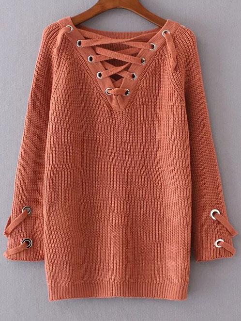 Shein Orange Eyelet Lace Up V Neck Sweater